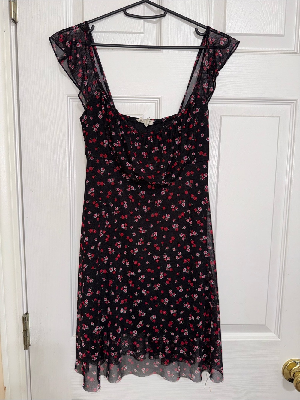 See You Monday Black Mini Dress with Red & Pink Floral Print